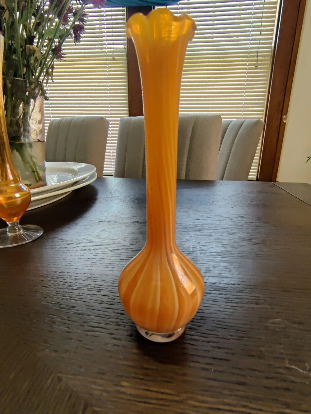 Orange And White Striped Glass Bud Vase - Unbranded